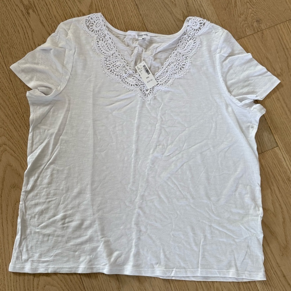 NWT⛱️Reitmans - White Lace-Trim V-Neck Tee - XXL